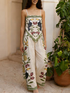Bohemian Style Floral Print Set Featuring a Tropical Toucan Print Asymmetrical Top And Loose Wide-Leg Pants - Off-white