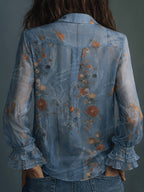 All-Season Floral Print Long Sleeve Shirt, Casual Semi-Transparent Versatile Retro Chiffon Front Button-Up Design, Flared Sleeves, Elegant Fashion Women'S Blouse - Mixed colors