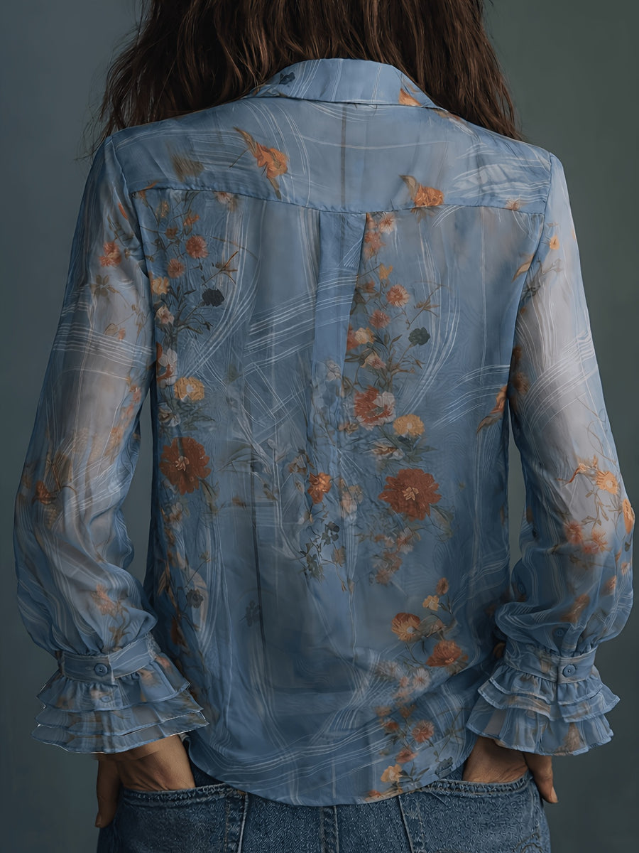 All-Season Floral Print Long Sleeve Shirt, Casual Semi-Transparent Versatile Retro Chiffon Front Button-Up Design, Flared Sleeves, Elegant Fashion Women'S Blouse - Mixed colors