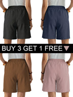 Buy 3 Get 1 Free, Total 4 Pairs: Women's Casual Shorts with  Print, Double Side Pockets, Knee-Length Pants, Solid Color with Pockets, Standard Size Women's Clothing, Elastic Waistband, Comfortable and Breathable - Black + Navy Blue + Brown + Pink