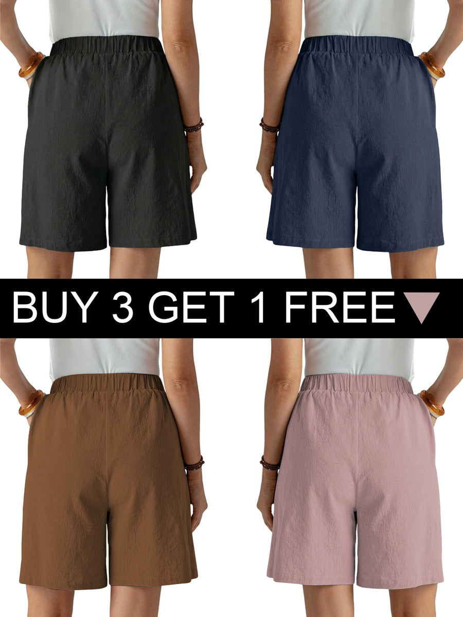 Buy 3 Get 1 Free, Total 4 Pairs: Women's Casual Shorts with Print, Double Side Pockets, Knee-Length Pants, Solid Color with Pockets, Standard Size Women's Clothing, Elastic Waistband, Comfortable and Breathable - Black + Navy Blue + Brown + Pink