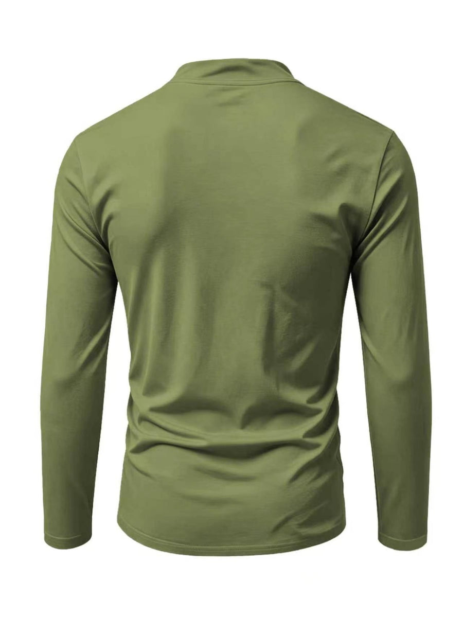 2026 New Men'S Casual Outdoor Tie-Neck Polo Shirt - K, Long Sleeve for All Seasons, Button-Less Design with Cross Drawstring, Stand Collar, Breathable And Comfortable, Quick-Dry - Military Green