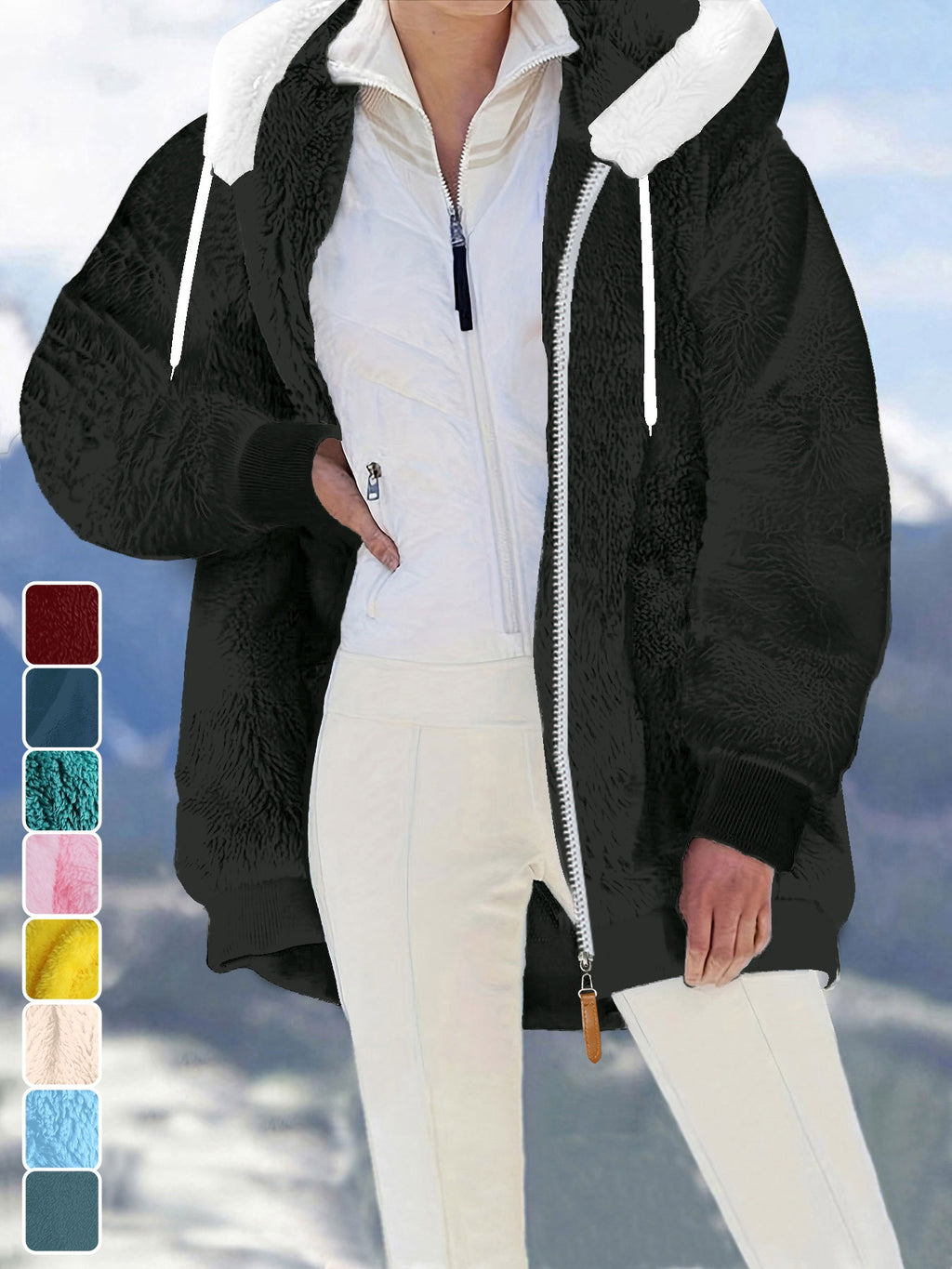 Ladies Autumn Winter Relaxed Cut Plush Hooded Outercoat, Contrast Color Trim Zip Front Warm Lined Jacket, Ribbed Cuff Windproof Casual Outerwear for Daily Commuting and Cold Season Everyday Styling - Black