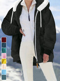 Ladies Autumn Winter Relaxed Cut Plush Hooded Outercoat, Contrast Color Trim Zip Front Warm Lined Jacket, Ribbed Cuff Windproof Casual Outerwear for Daily Commuting and Cold Season Everyday Styling - Black