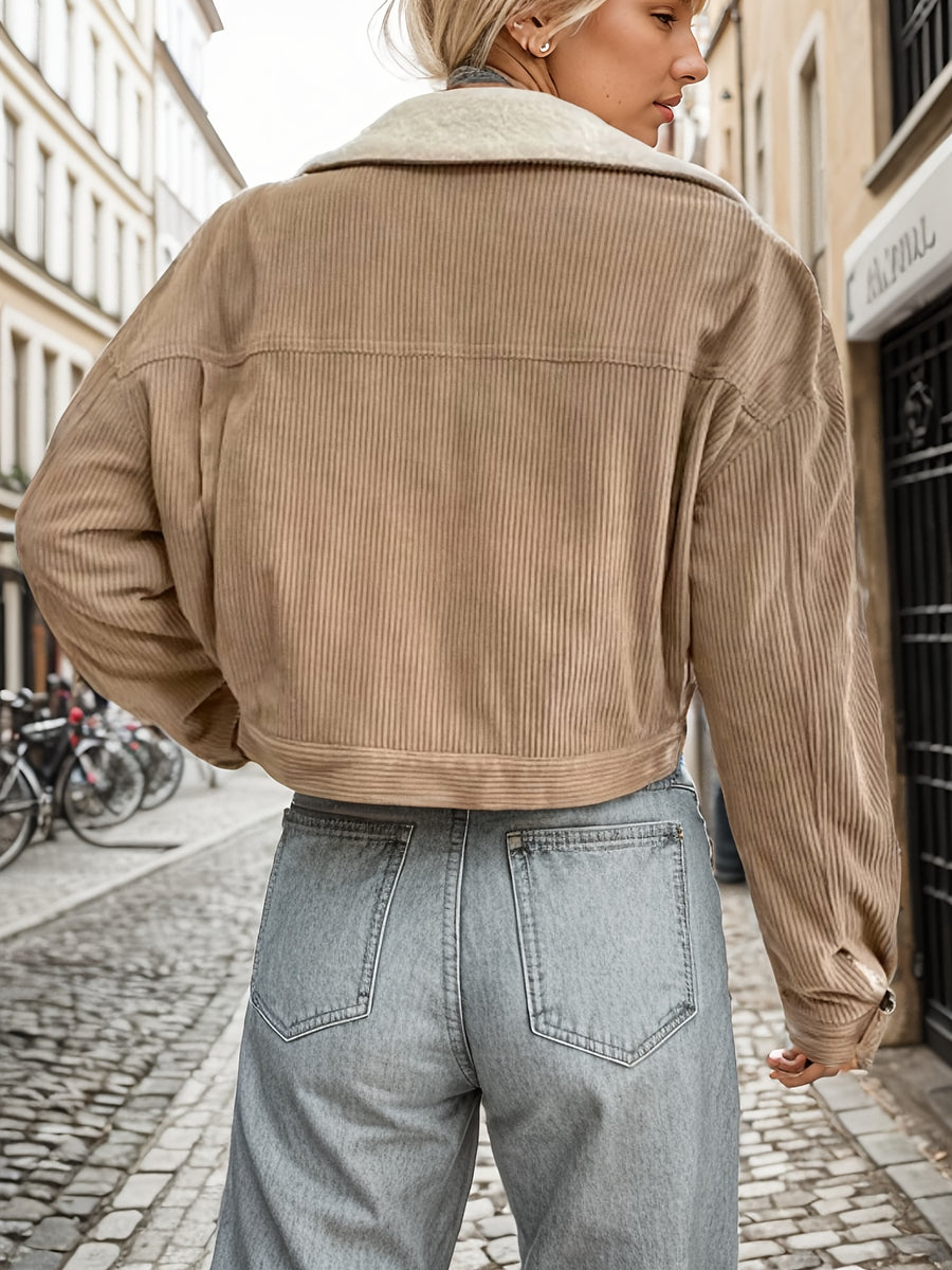 Women'S Short Corduroy And Lamb Jacket for Autumn And Winter, Featuring a Fleece Collar, Versatile Korean-Style Warm Top - Camel
