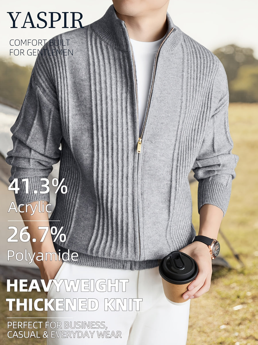 Autumn Winter Men'S Solid Color High Neck Cardigan, Solid Color Striped Design, Casual Elegant Old Money Style, Heavyweight Thick Warm Cold Resistant, Suitable for Daily Casual Sports Outdoor Camping Fishing Wear, Ideal Father'S Day Gift - Clip Grey