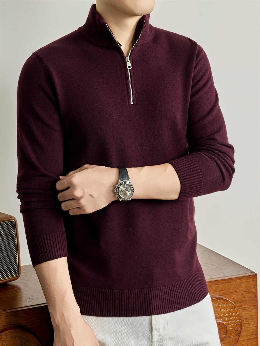 Autumn/Winter Knitted Solid Color Half-Zip Stand Collar Sweater, Basic Knit Pullover, Men's Fashion Long Sleeve Knitwear, QiS - Flower Purple