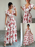 V-neck Ruffle Design, Floral Print Fabric, Elastic Waist Slim-Fit Short Sleeve Women's Dress, Elegant Party Wear, Date Night - Red Flowers