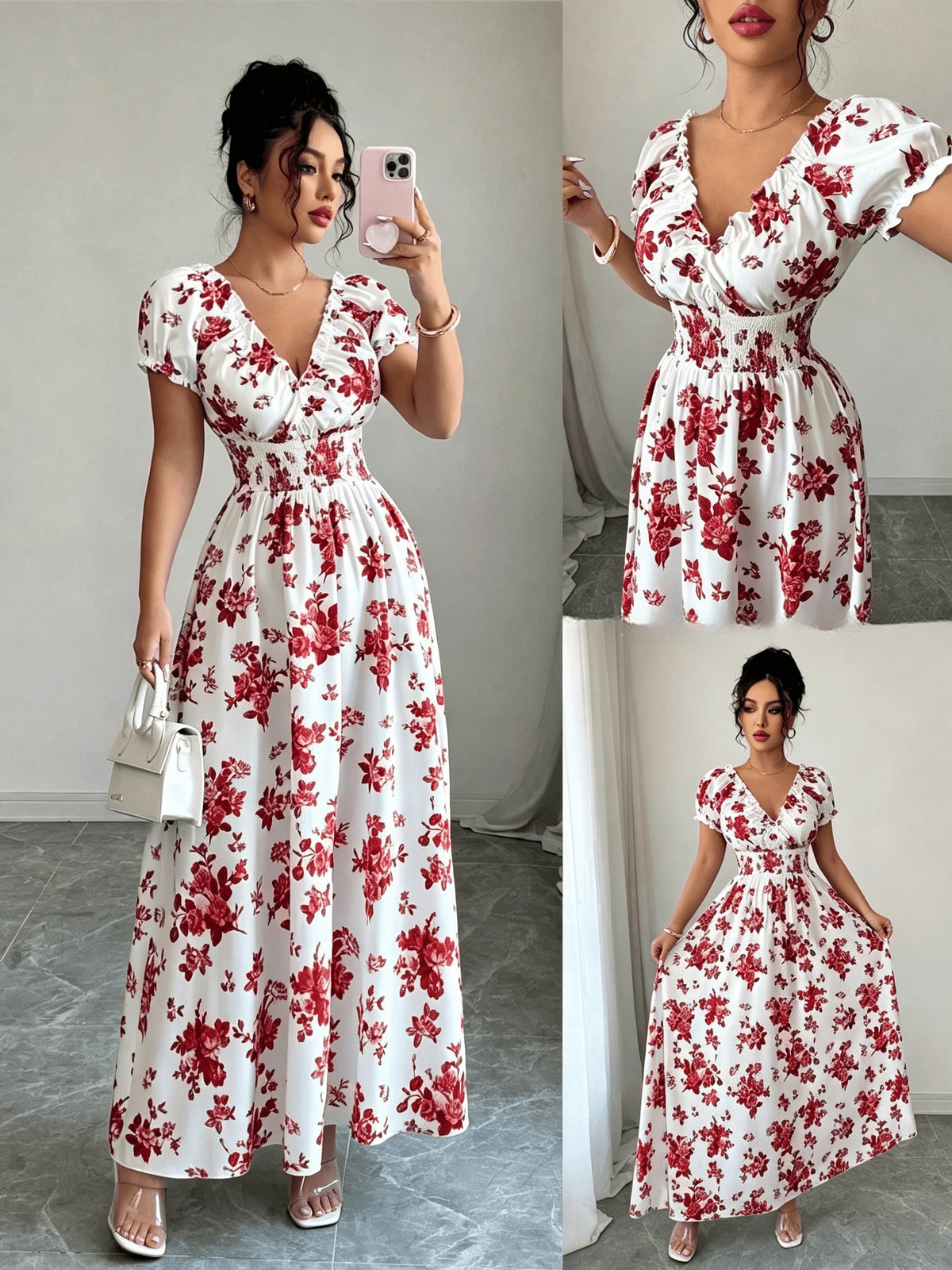 V-neck Ruffle Design, Floral Print Fabric, Elastic Waist Slim-Fit Short Sleeve Women's Dress, Elegant Party Wear, Date Night - Red Flowers