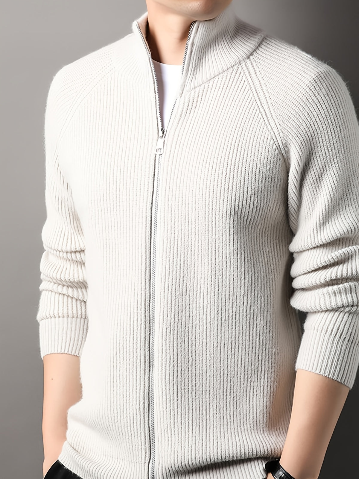 Autumn New Men'S, Solid Color Knit Cardigan, Zipper Style Trendy Comfortable, Outdoor Leisure All-Match - Off White