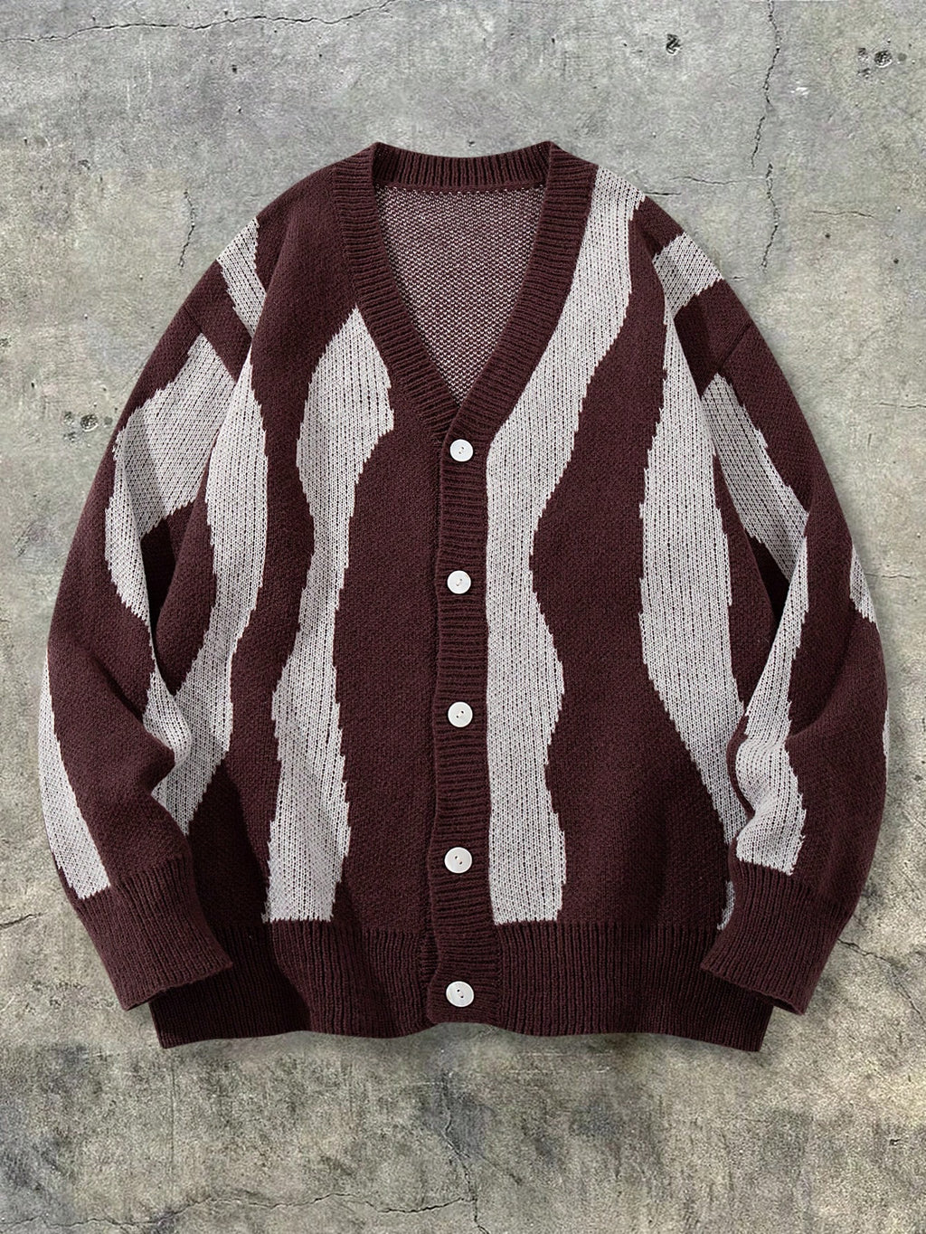 ANDREILEE Autumn Winter Unisex Old Money Style V-Neck Tie-Button Checkered Color-Block Striped Wearable Casual All-Match Knit Top - Coffee Color