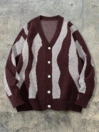 ANDREILEE Autumn Winter Unisex Old Money Style V-Neck Tie-Button Checkered Color-Block Striped Wearable Casual All-Match Knit Top - Coffee Color