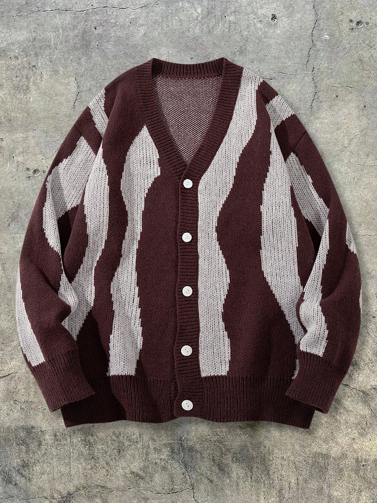 ANDREILEE Autumn Winter Unisex Old Money Style V-Neck Tie-Button Checkered Color-Block Striped Wearable Casual All-Match Knit Top - Coffee Color