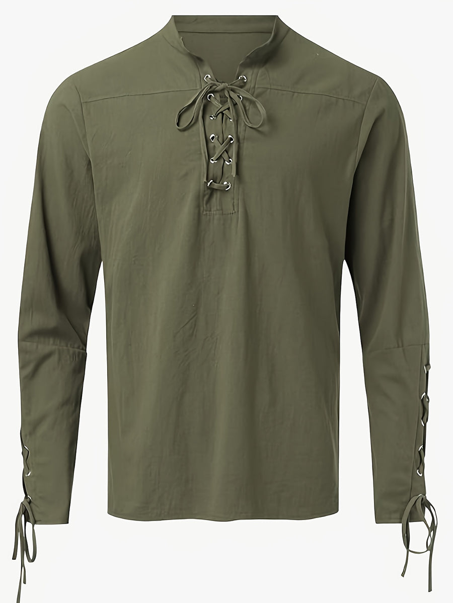 New Medieval Men'S Pirate Shirt Retro V-Neck Lavender Punk Gothic Blouse Viking Tie-Up Top - Olive Green