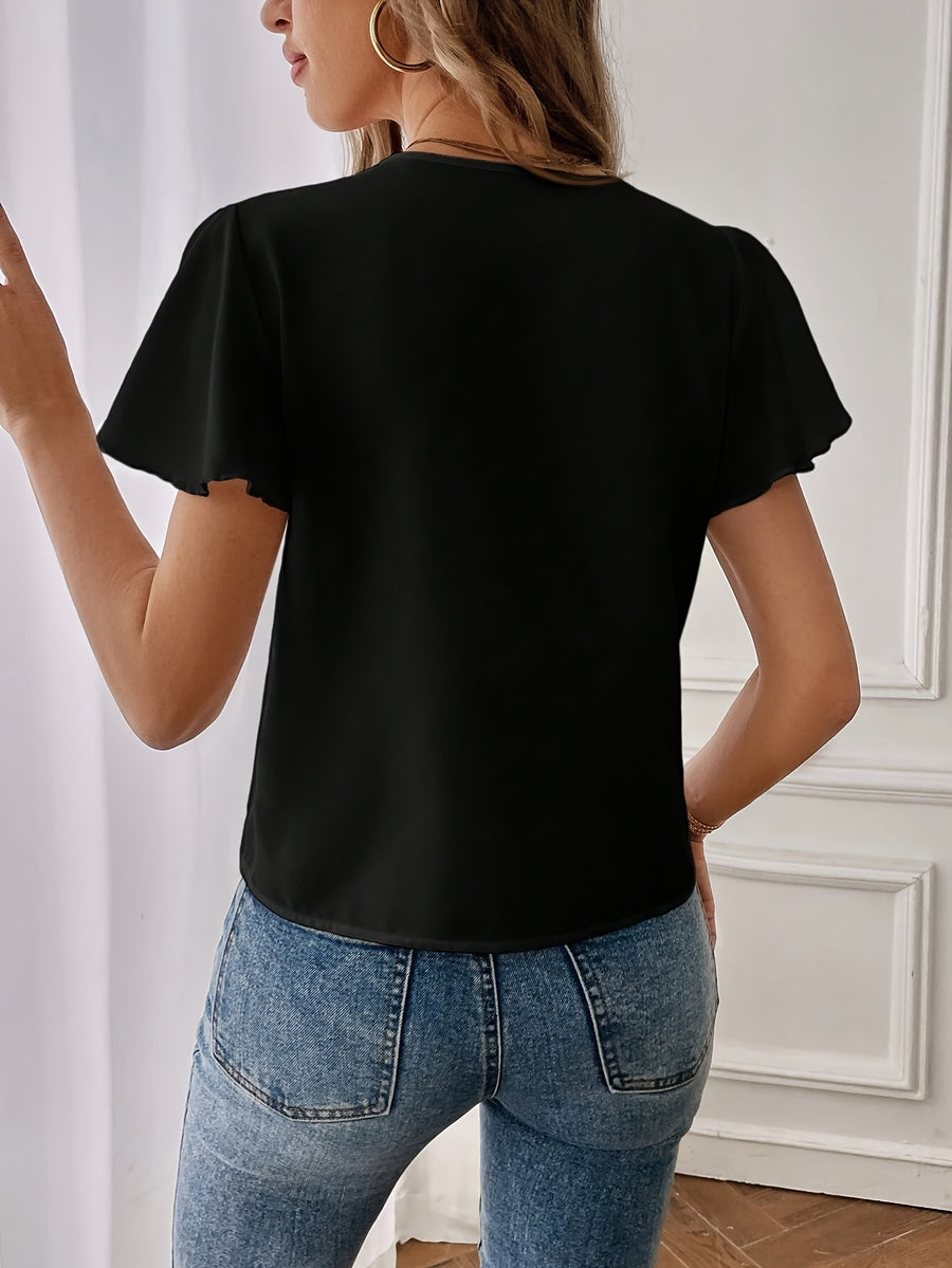 Women's Elegant V-Neck Ruffled Sleeve Blouse - Lightweight 100% Polyester Short Sleeve Shirt, Machine Washable Solid Color Top for Spring/Summer Casual & Formal Wear - Black