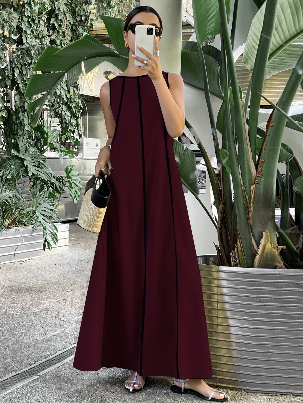 [Size for Regular Fit] Women's Simple Vacation Loose-Fit Comfortable Color-Block Contrast Trim Long Tank Dress - Burgundy