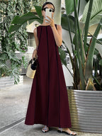 [Size for Regular Fit] Women's Simple Vacation Loose-Fit Comfortable Color-Block Contrast Trim Long Tank Dress - Burgundy
