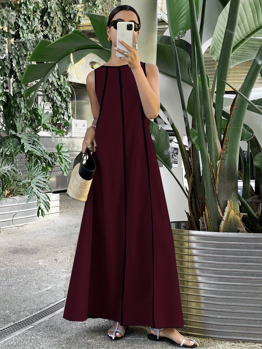 [Size for Regular Fit] Women's Simple Vacation Loose-Fit Comfortable Color-Block Contrast Trim Long Tank Dress - Burgundy