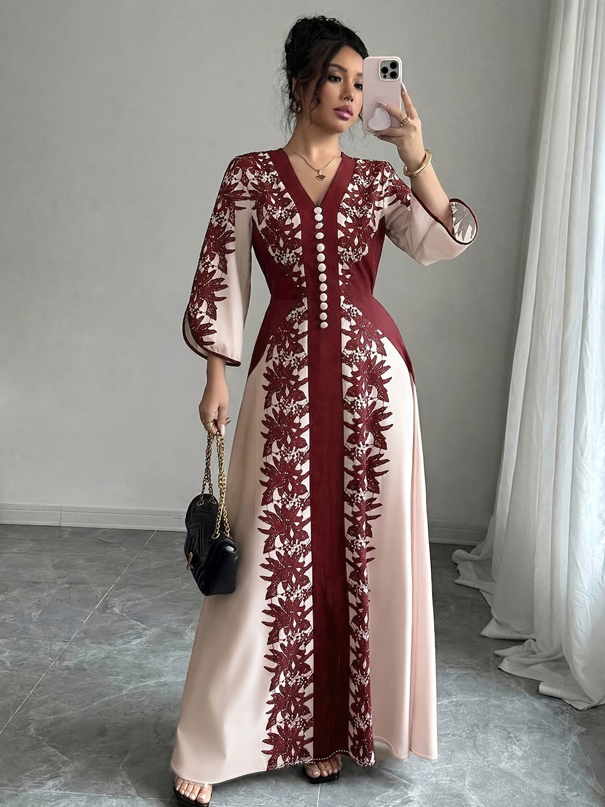Plus Size, Elegant and Fashionable Plus-size Women's Printed Long-sleeve Dress, Adorned with Buckle Embellishments, Featuring a V-neck and Slit Cuffs. Suitable for Parties, Outings, Romantic Dates, and Daily Wear. Designed for Plus-size Women - Burgundy color