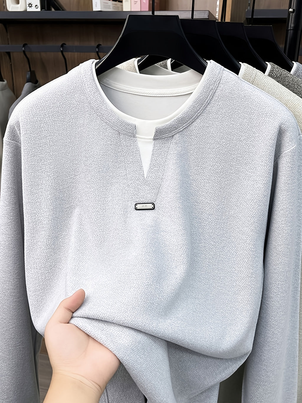 Men's 2-in-1 Look V-Neck Sweatshirt, Loose Drop Shoulder, Casual Pullover Long Sleeve, Suitable for Daily Commuting and Leisure. -SINBOS - Light Grey