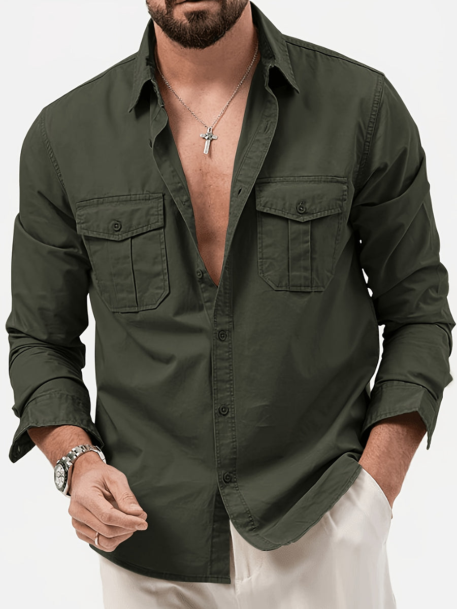 Men'S Multicolor Dress Shirt Multi-Pocket Casual Long Sleeve Top - Military Green