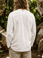 Men's Fashion And Linen Blend Breathable Comfortable Casual Stand Collar Long Sleeve All-Season Shirt, Autumn Menswear - White