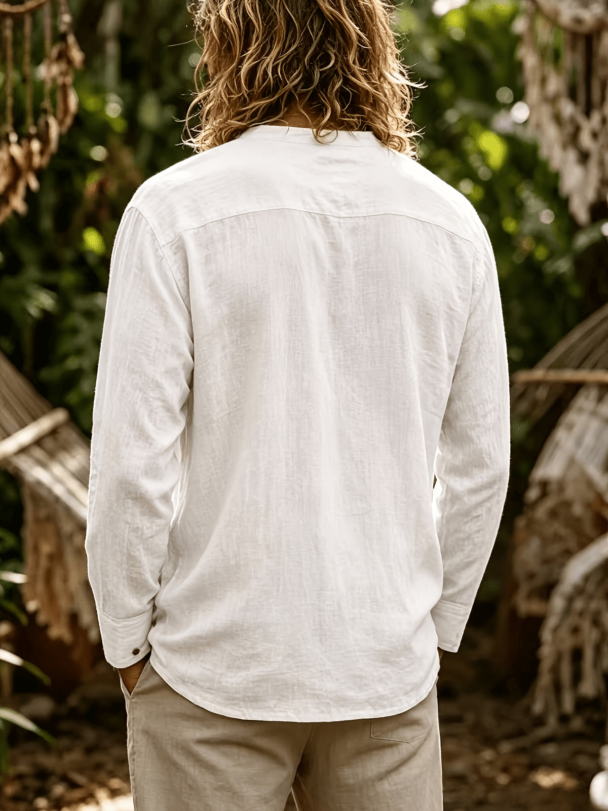 Men's Fashion And Linen Blend Breathable Comfortable Casual Stand Collar Long Sleeve All-Season Shirt, Autumn Menswear - White
