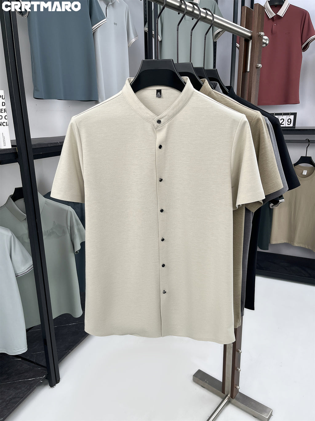 Kartmar CRRTMARO Summer New Chinese Stand-Up Collar Shirt Men'S Short Sleeve High-End Mandarin Collar Dress Shirt Business Casual Men'S Top Tiamai - Apricot Gray