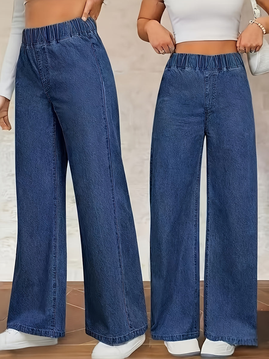 Women'S Washed Casual High-Waist Stretch Elastic Waist Top Blue Jeans And Clothing, Plus Size Women'S Jeans Long Pants All-Match Elegant Wide-Leg Cow Jean Plus Size Women'S Jeans Long Pants - Medium Blue