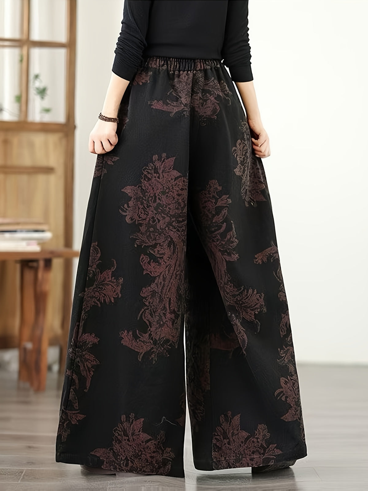 Flower Print Elastic Waistband Drawstring Women'S Denim Wide Leg Pants for Spring And Autumn New Styles, Loose High Waisted And Large Leg Casual Versatile Denim Trousers - Black