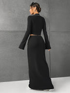 Spring and Autumn Solid Color Half Skirt Long Sleeve Top, Fashionable 2pcs Set for Women - Black