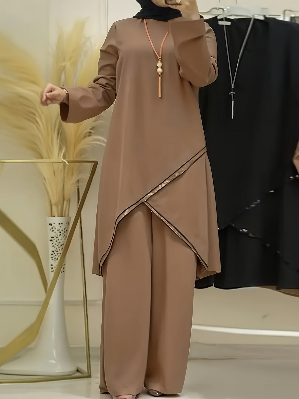 720-Spring And Summer Muslim Two-Piece Round Neck Sequined Long Sleeve Shirt Wide Leg Pants Casual Set - Coffee Color