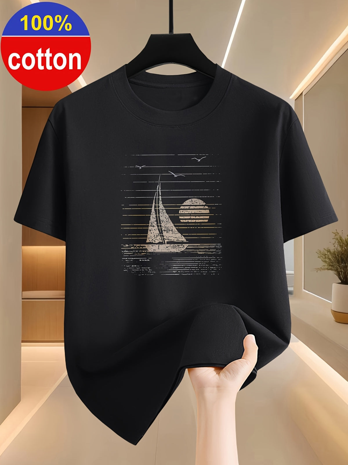 100% Cotton Men's Summer Short-sleeve T-shirt, Fashionable and Simple Patterned Top, Pure Cotton Fabric for Comfort and Breathability, Essential for Outdoor Sports, Leisure, and Travel - Black