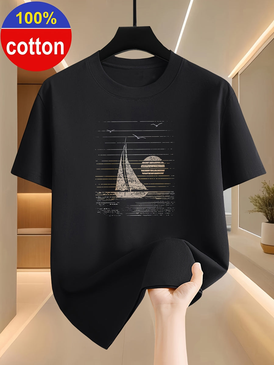 100% Cotton Men's Summer Short-sleeve T-shirt, Fashionable and Simple Patterned Top, Pure Cotton Fabric for Comfort and Breathability, Essential for Outdoor Sports, Leisure, and Travel - Black