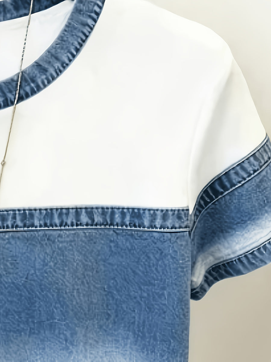 [Printed Pants - Not Denim Fabric]Simulated Denim Patchwork Gradient Washed Texture Printed Short Sleeve Top, White Top with Gradient Blue Denim Fabric Visual Print, Collar And Cuff Denim Print Round Neck T-Shirt, Shop Check-In, Outing - Mixed colors