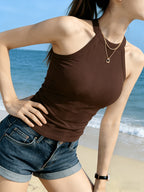 Women's Halter Neck Camisole, a Backless Top for Layering or Wearing Alone - Coffee Brown