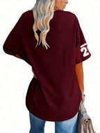 Women'S Fashion V-Neck Tee Featuring Relaxed Drop Shoulders - Burgundy
