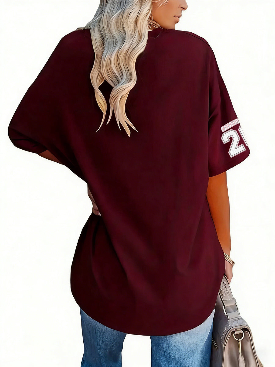 Women'S Fashion V-Neck Tee Featuring Relaxed Drop Shoulders - Burgundy