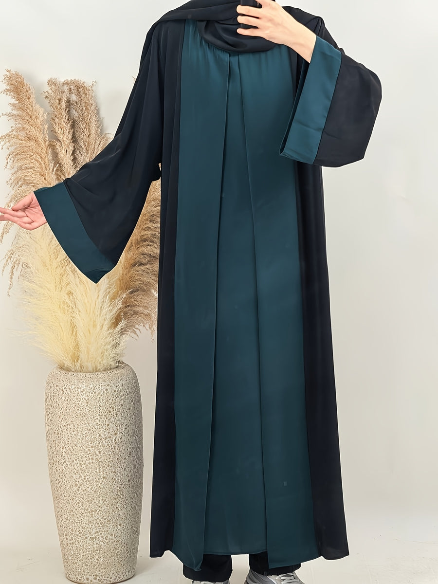 1pc Elegant Muslim Dress with Niche Minimalist Color-Block Design, Fluid and Solid-Paneled, Loose and Unrestrictive, Breathable and Non-Stuffy, Suitable for All Seasons - Dark Green