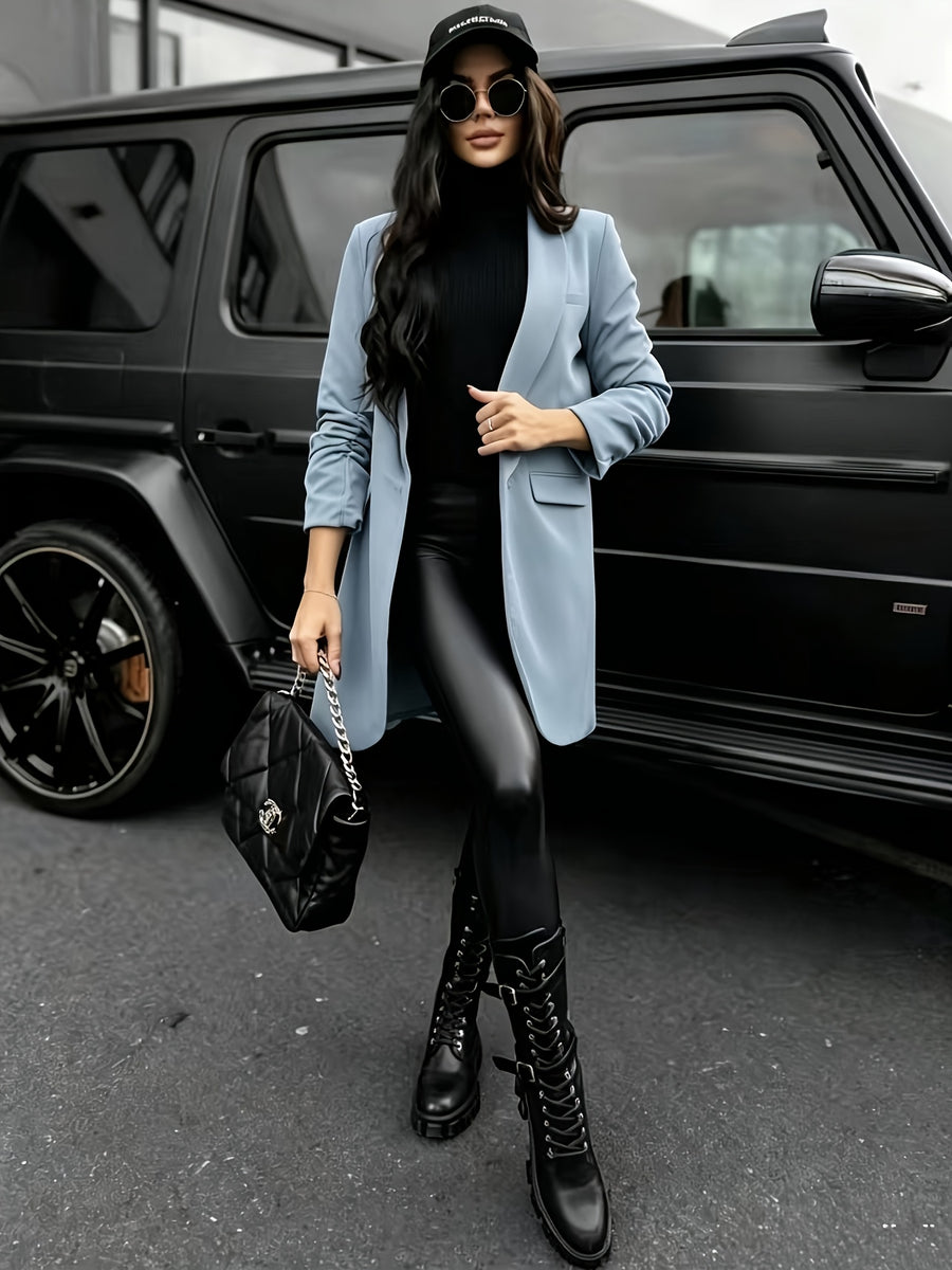 European and American-style Mid-length Blazer with Pleated Cuffs, Loose Fit for a Effect, Suitable for Business Casual Wear - Sky Blue