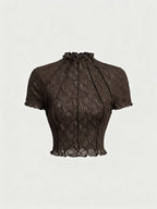 Lace Floral Jacquard Thin Women'S T-Shirt, Dreamy And Romantic, Suitable for Dates, Gatherings, Summer And Spring Wear, Spring Break, Vacation, Picnic, Holiday, Birthday, Etc - Coffee Color