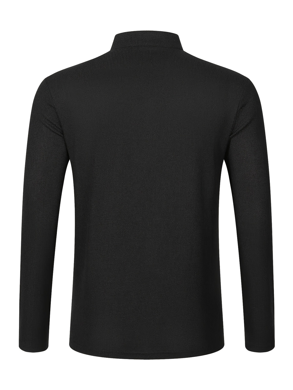 Maqiqi OBM Men's Fashion Waffle Knit Long Sleeve Henley Shirt, Stand Collar Button-Up Top with Chest Pocket and Positioned Printed LOGO, Casual Regular Fit Solid Color Spring/Autumn Daily Top - Black