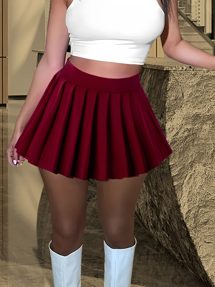 Solid Color Versatile High-Waist Pleated Mini Skirt - Flattering And Stylish for Women - Burgundy