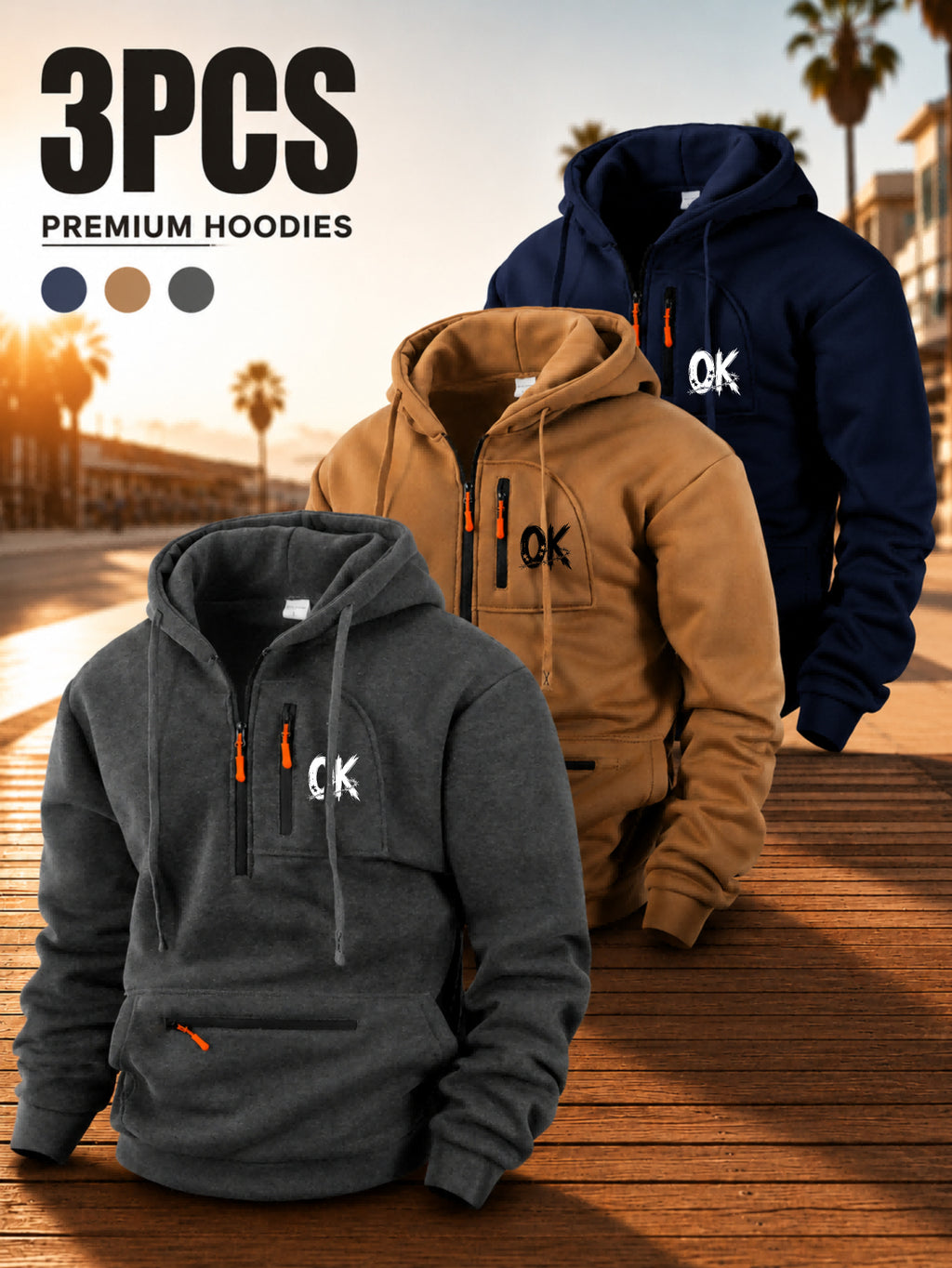 Men'S Hoodie Multi-Zipper Pocket Design Letter Print Casual Streetwear Autumn Winter 3pcs - Dark Gray + Khaki + Navy Blue