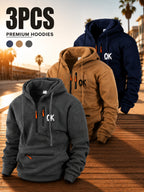 Men'S Hoodie Multi-Zipper Pocket Design Letter Print Casual Streetwear Autumn Winter 3pcs - Dark Gray + Khaki + Navy Blue