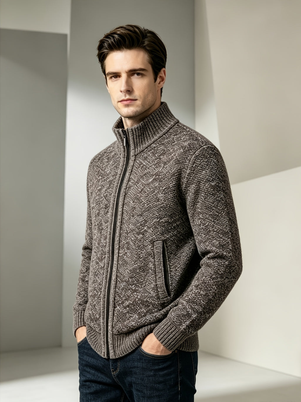 Autumn Winter Christmas Gift Men'S Sweater Jacket Cardigan Zipper Long Sleeve Knit Top High Neck Warm Breathable Fit Temperament Good for Students Office Bosses Casual Commute Dates Gatherings - Coffee Color