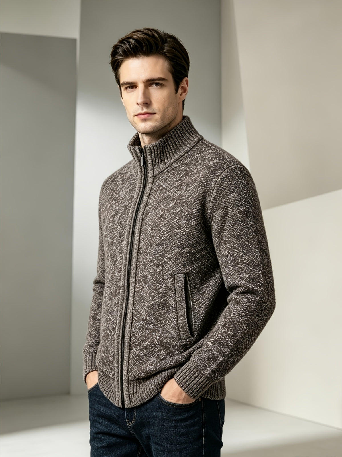 Autumn Winter Christmas Gift Men'S Sweater Jacket Cardigan Zipper Long Sleeve Knit Top High Neck Warm Breathable Fit Temperament Good for Students Office Bosses Casual Commute Dates Gatherings - Coffee Color