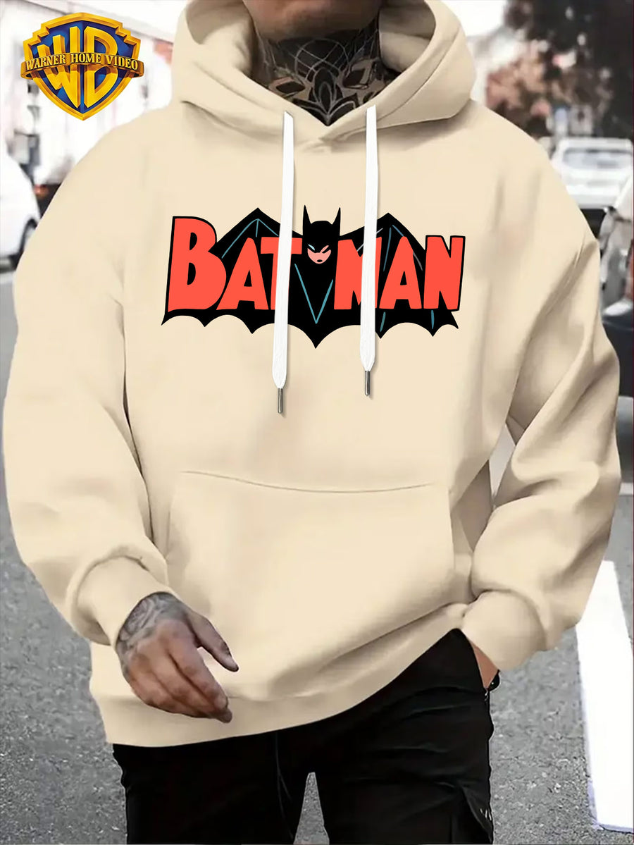Warner Official Men'S Retro Comic Style Batman Hot-Blooded Trendy Printed Drawstring Hoodie, Warm And Machine Washable for Autumn And Winter, Multifunctional Street Sports And Leisure Loose Edition - Apricot