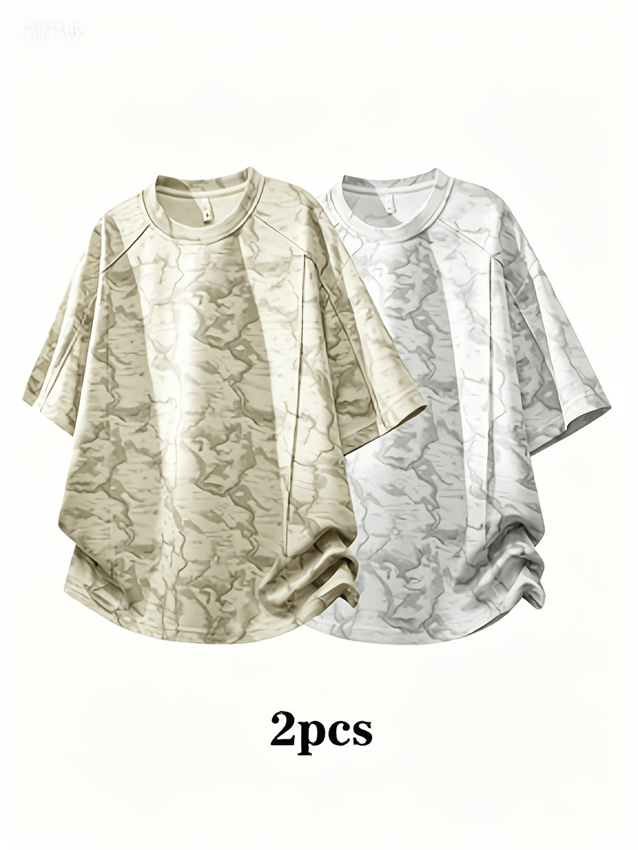 2pcs Summer New Short-Sleeved T-Shirt Men'S Round Neck Loose Ice Fiber Fabric T-Shirt Tie-Dye Gradient Pullover - White Flower Gray Plum