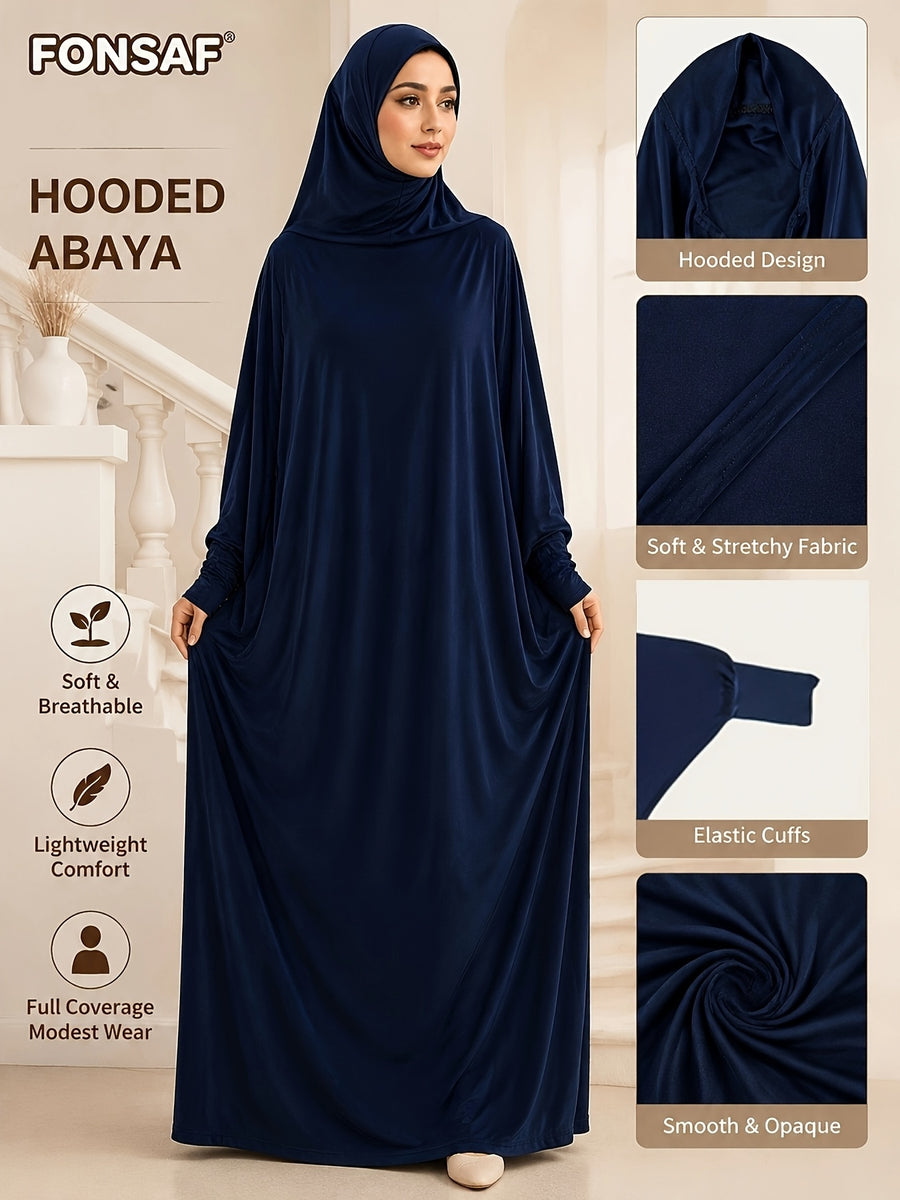 Women'S Elegant Muslim Prayer Robe, with Hood, Solid Color Batwing Long Dress, Loose Flowing Cloak-Style Dress, Suitable for Daily Wear in The Middle East, Also Ideal As an Eid Gift - Navy Color